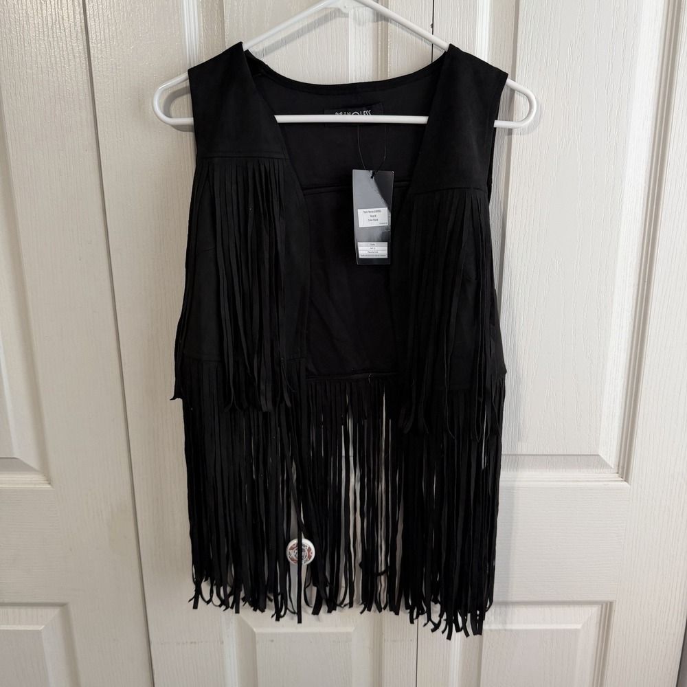Relish Noless Black Open Front Fringe Vest Women's Medium NEW Festival Rodeo